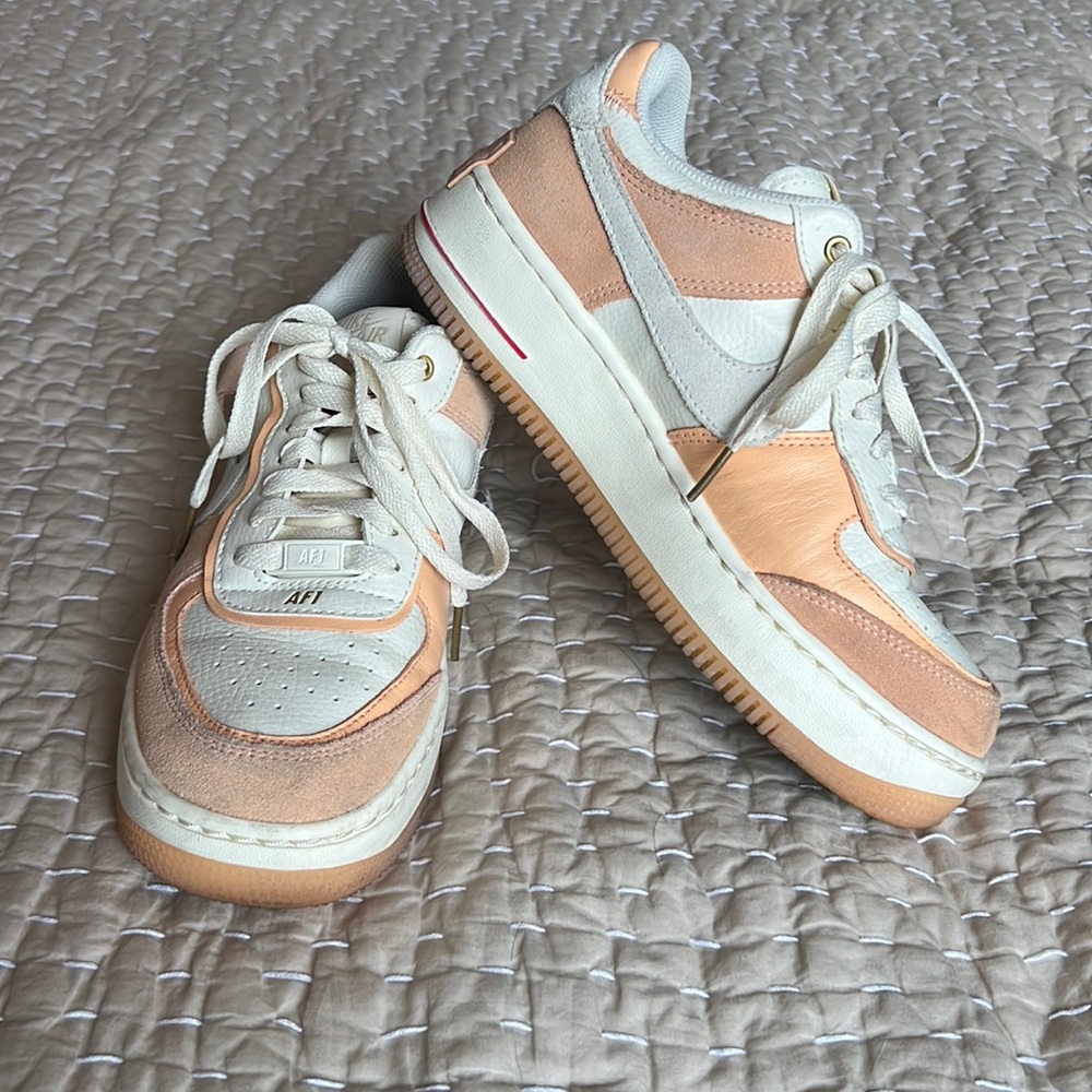 Nike Airforce 1, US women’s size 7, peach details, gold accents